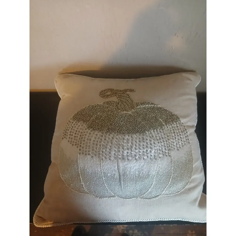 Beaded Pumpkin Throw Pillow Ivory Gold Fall Harvest Decor 14”x14”